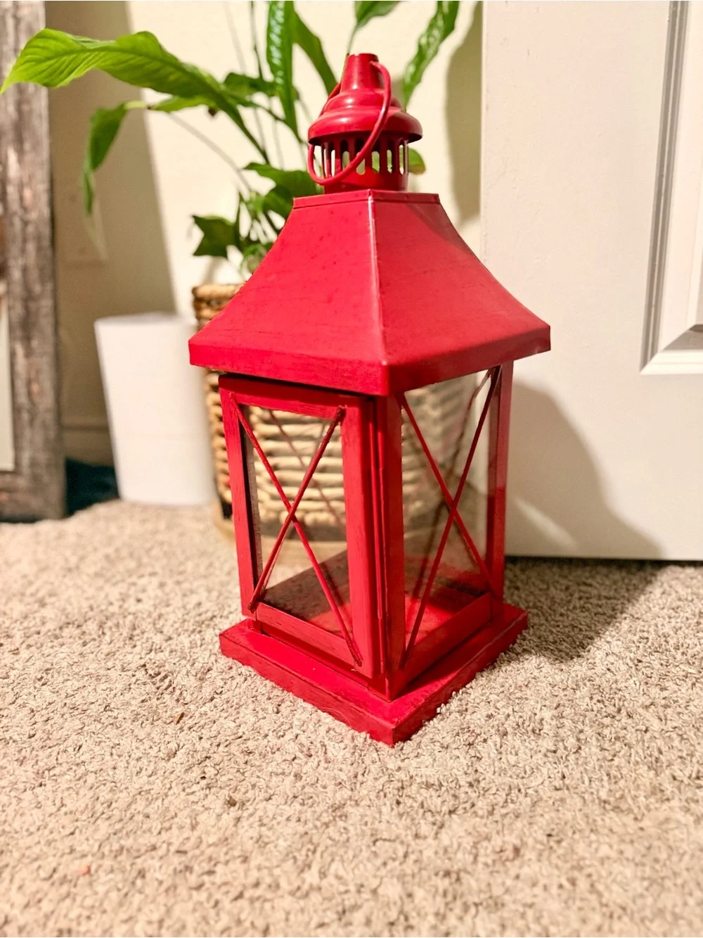 Red Metal Candle Lantern 20in Glass Panel Farmhouse Boho Decor